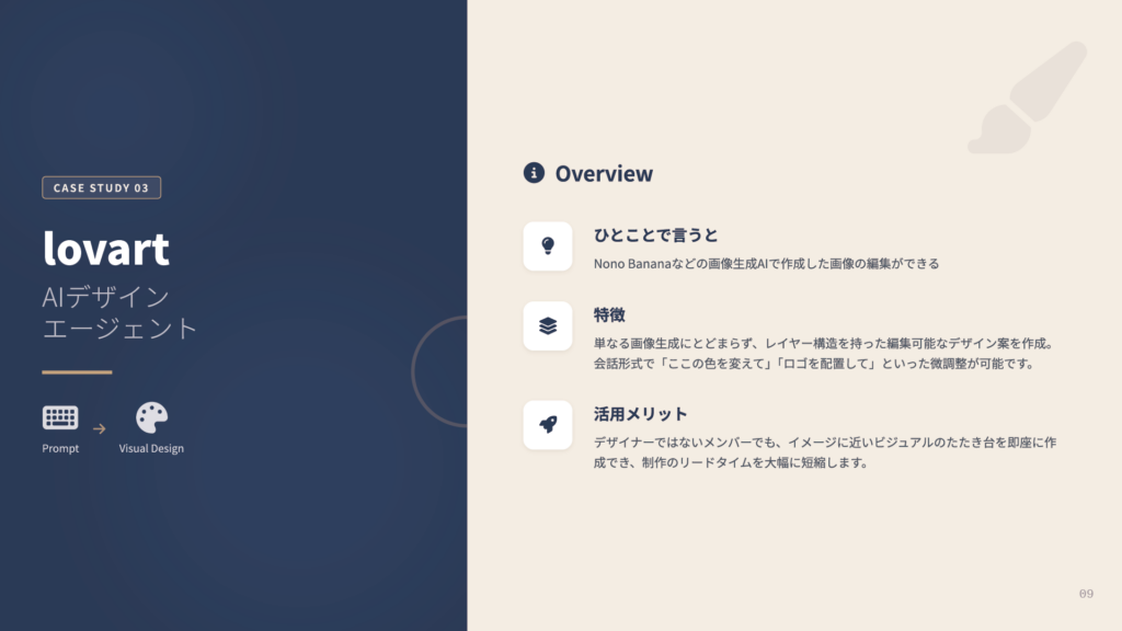 Case Study 03 lovart の紹介スライド。画像生成AIで作成した画像を編集できる特徴、レイヤー構造を持つデザイン案の生成、非デザイナーでもイメージに近いビジュアルを即座に作成できるメリットを説明