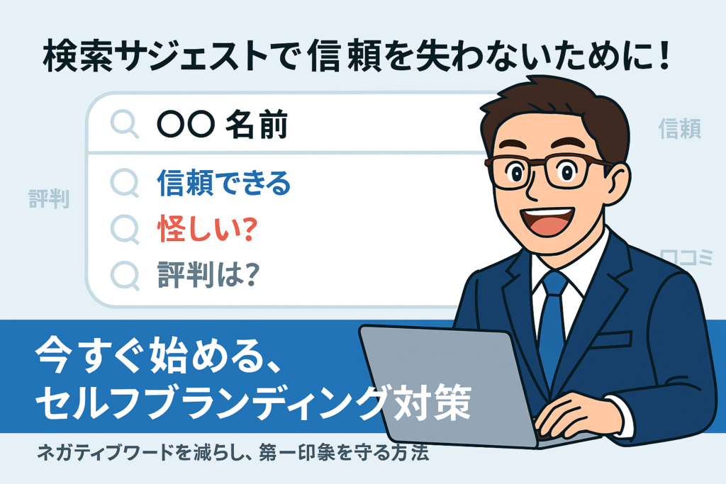 検索サジェストに表示される評判を気にするスーツ姿の爽やかな男性社員のイラスト